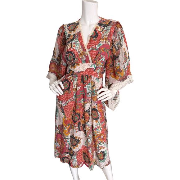Vintage 70's Paisley Angel Sleeve Faux Wrap Midi Dress M-L - Picture 1 of 7